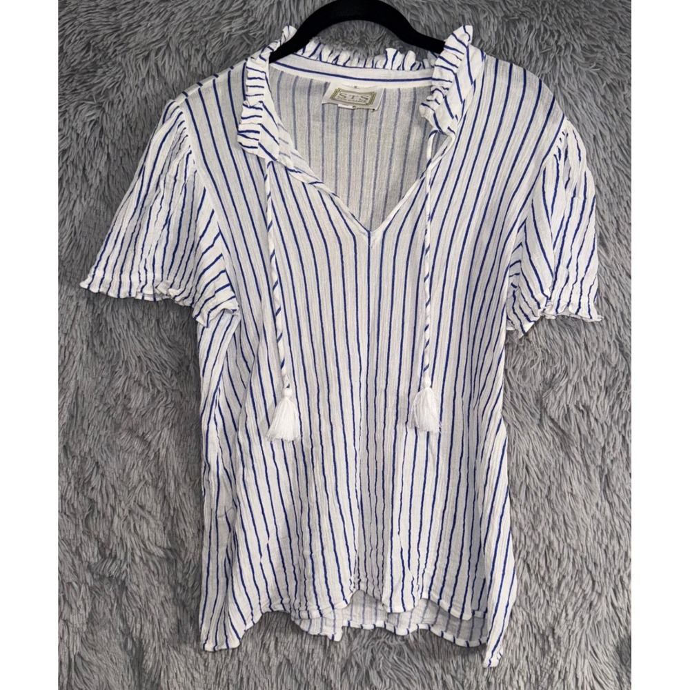 STS Sail to Sable Striped Tunic Top Shirt Dress Tassels Ruffle Neck XL